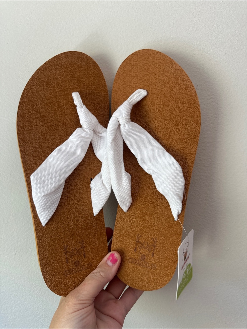 Women's Tan Flip Flop Sandals with White Fabric Knot Straps